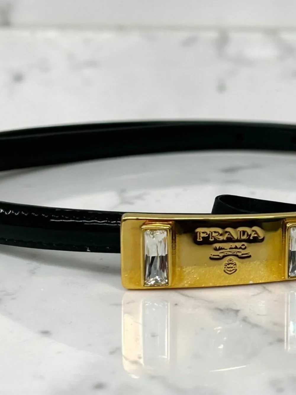 Prada Black Patent Leather Belt with Crystal-Embellished Gold Buckle
